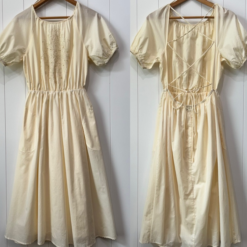 Pamela Love Butter Yellow Embroidered Tie Back Cotton Midi Dress Size Medium